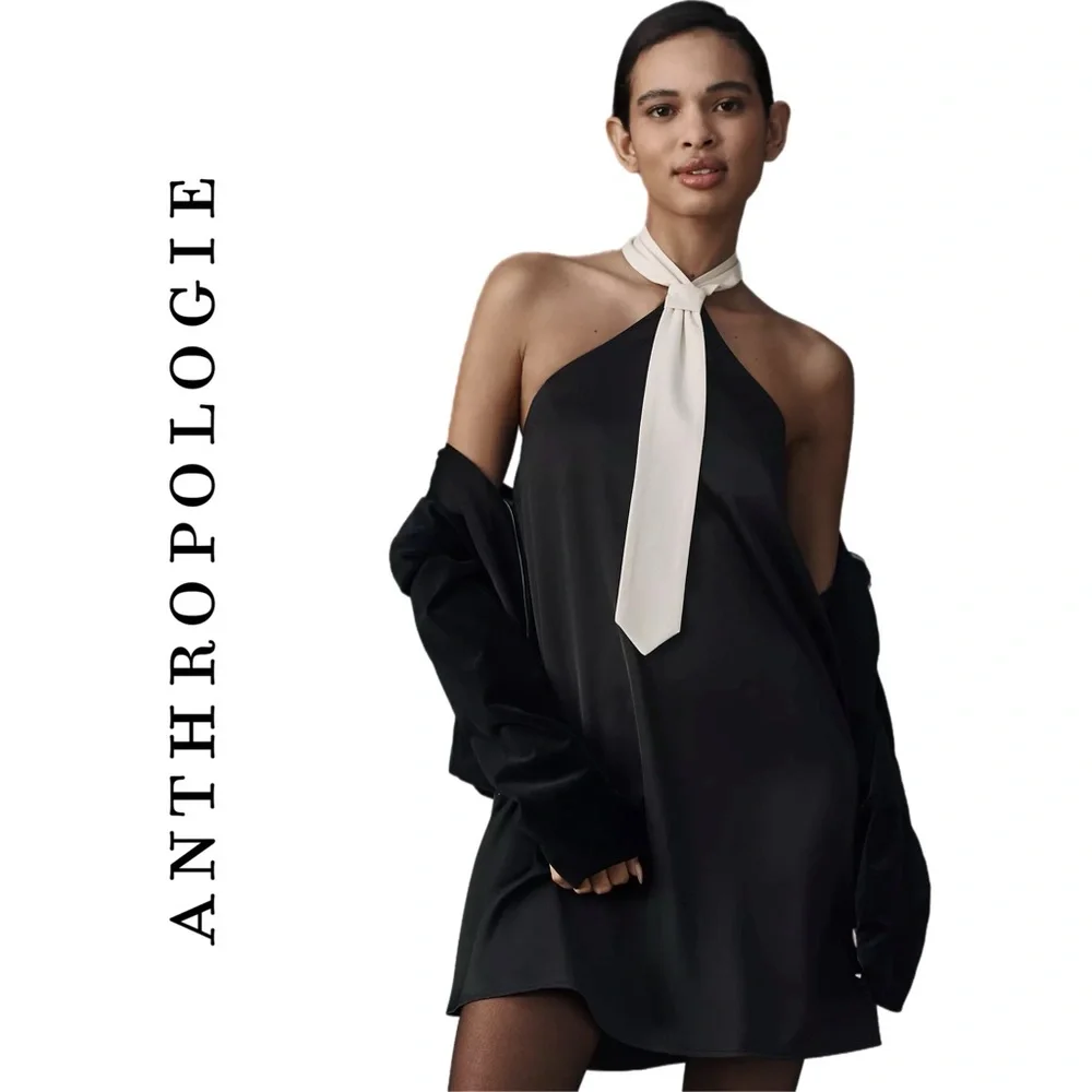 Anthropologie Flat White Tie Halter Mini Dress
